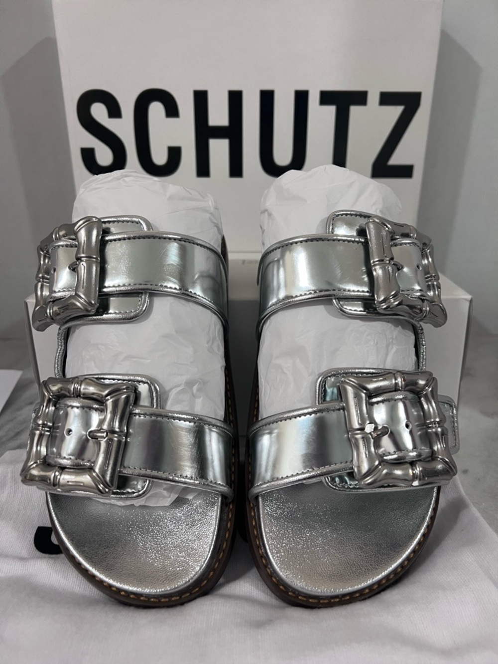 SCHUTZ Silver Metallic Double Buckle Slide Sandals New with box Size 6.5